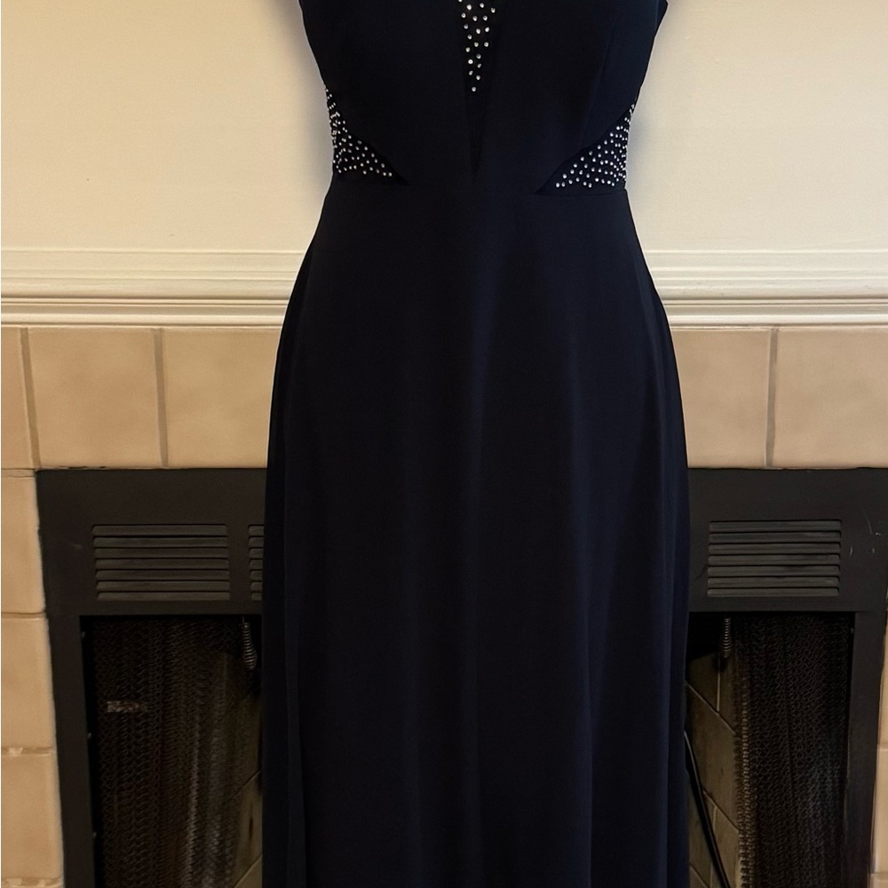 Material Blue Party Dress with Silver Beaded Accents